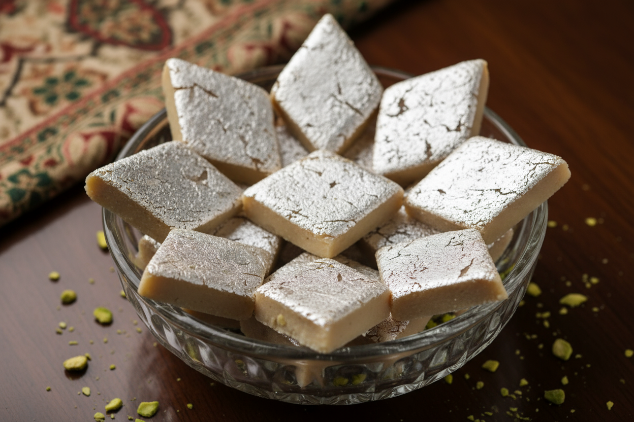 Kaju katli with even silver coating in a glass bowl